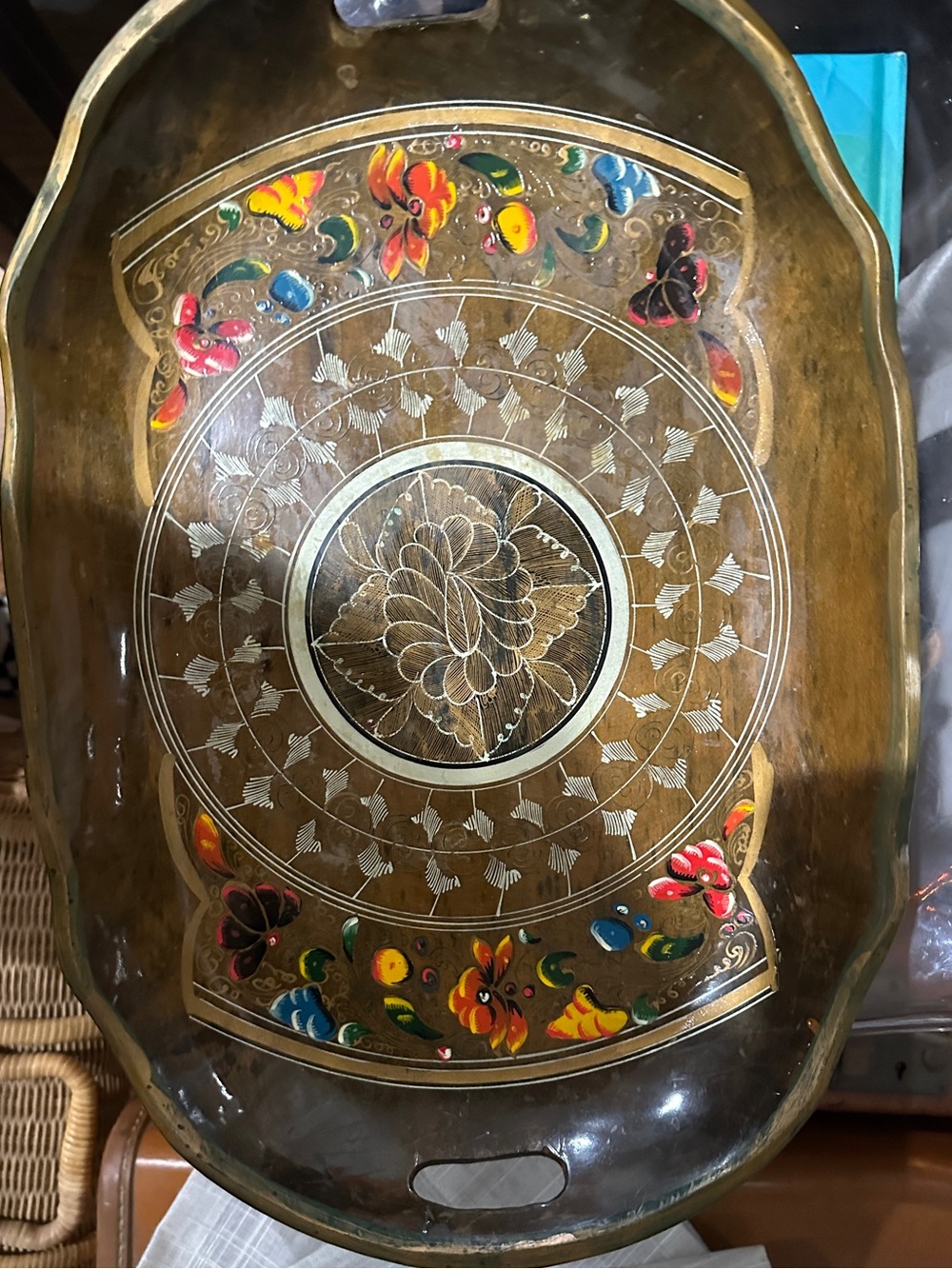 Vintage Wooden Hand Painted Vintage Folk Art Mexican Batea Tole Tray Bowl